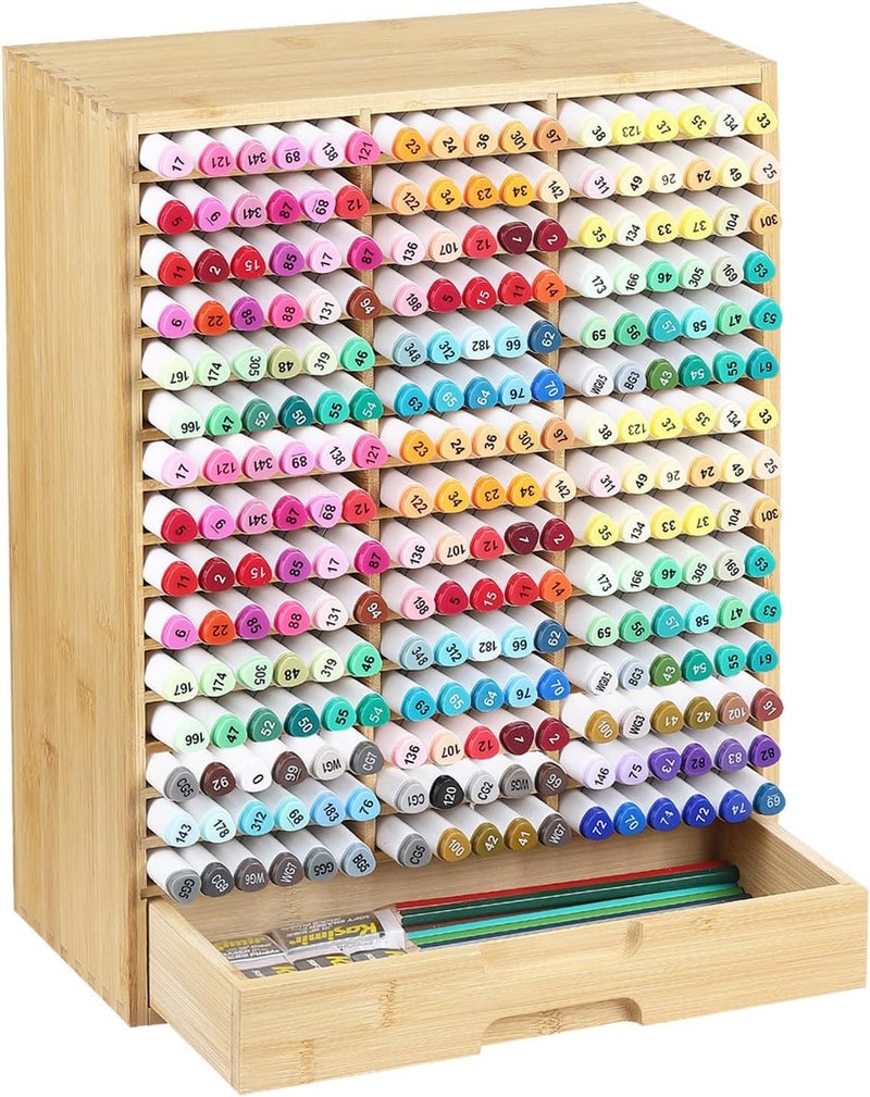 AUTOARK Bamboo Marker Organizer for 225 Markers,Desktop Storage Hold with drawers,Art Markers Pens Pencils Art Brushes Stationary Organizer Marker Pen Holder,AHK-063 - Image 1